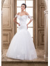 Off Shoulder White Lace Tulle Pearl Embellished Wedding Dress 